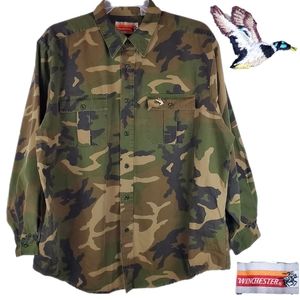 VTG 80s Winchester Camouflage Shirt XL Mens Military Embroidered DUCK Hunting